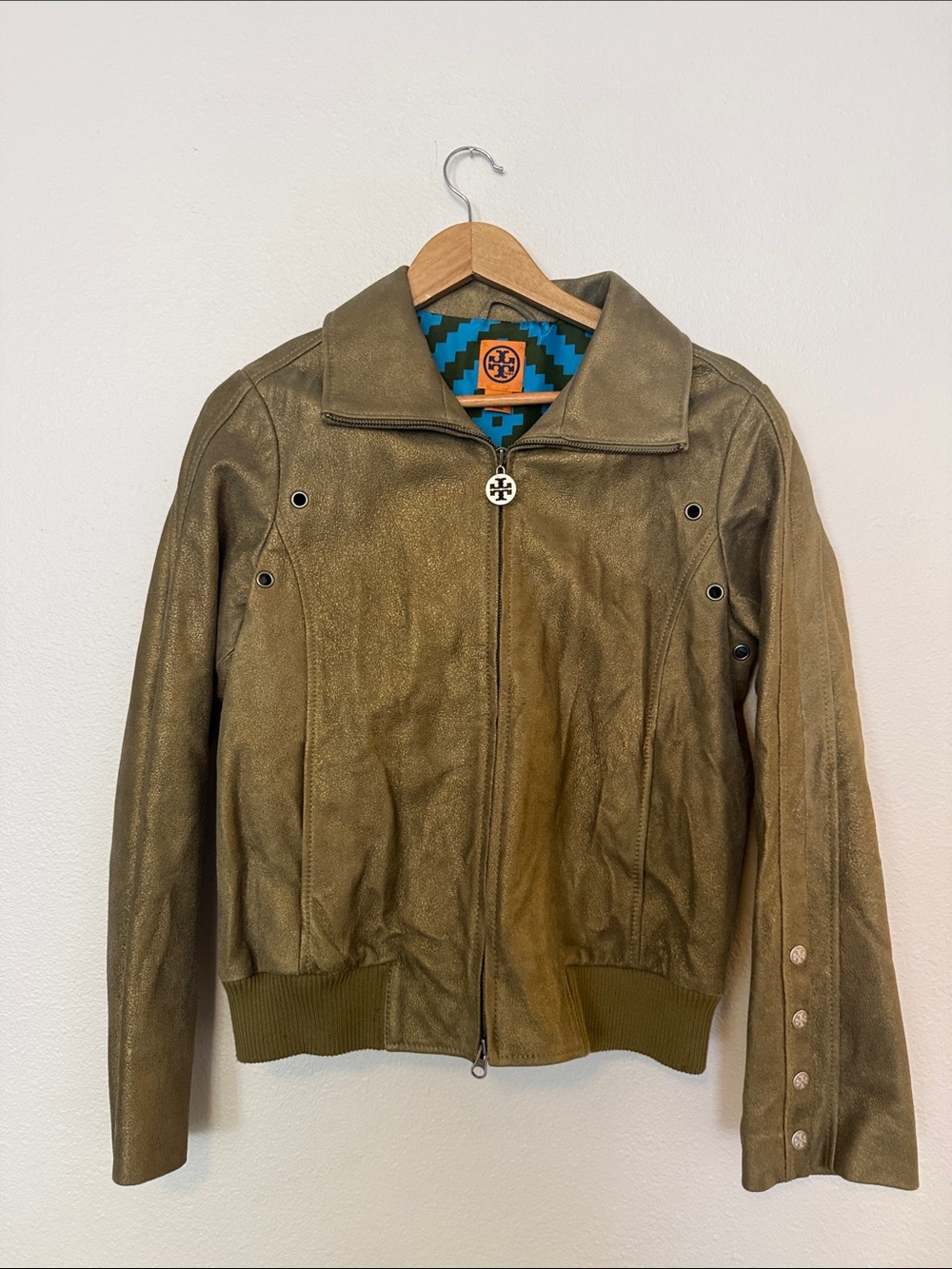 Tory Burch Genuine Leather with 100% silk lining. Olive Suede Zip-Front Jacket